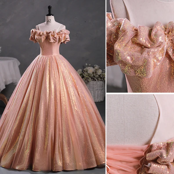 Sparkly Candy Pink Sequins Prom Dresses 2023 Ball Gown Scoop Neck Ruffle Short Sleeve Backless Floor-Length / Long Prom Formal Dresses