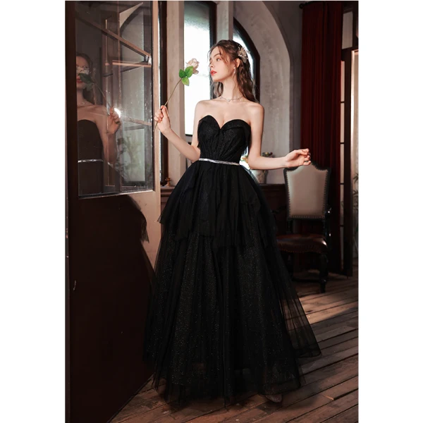Charming Black Sequins Prom Dresses 2022 A-Line / Princess Organza Strapless Sleeveless Backless Rhinestone Sash Floor-Length / Long Prom Formal Dresses