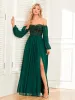 Chic / Beautiful Dark Green Sequins Split Front Evening Dresses 2024 A-Line / Princess Off-The-Shoulder Short Sleeve Backless Floor-Length / Long Evening Party Formal Dresses