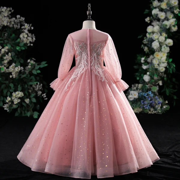 Chic / Beautiful Candy Pink Evening Party Flower Girl Dresses 2022 Ball Gown Scoop Neck Beading Pearl Lace Flower Sequins Long Sleeve Floor-Length / Long Flower Girl Dresses