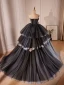 Charming Black Appliques Cascading Ruffles Prom Dresses 2024 Ball Gown Strapless Sleeveless Backless Floor-Length / Long Prom Formal Dresses