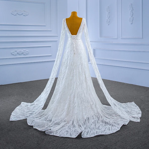 High End Weiß Perlenstickerei Pailletten Brautkleider / Hochzeitskleider 2022 A Linie Stoffgürtel V-Ausschnitt Lange Ärmel Rückenfreies Hof-Schleppe Hochzeit