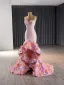 High-end Flower Fairy Blushing Pink Appliques Asymmetrical Prom Dresses 2024 Trumpet / Mermaid Strapless Long Sleeve Backless Prom Formal Dresses