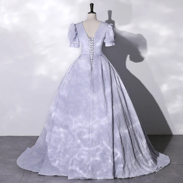 Elegant Sky Blue Prom Dresses 2022 Ball Gown V-Neck Puffy Short Sleeve Backless Sweep Train Formal Dresses