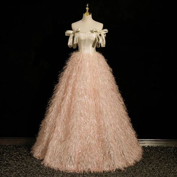 Charmant Champagne Paillettes Gland Robe De Bal 2023 Robe Boule De l'épaule Sans Manches Dos Nu Noeud Longue Promo Robe De Ceremonie