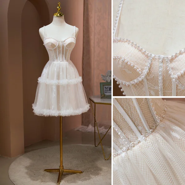 Sexy Nude Pearl Pierced Evening Party Party Dresses 2022 A-Line / Princess Spaghetti Straps Sleeveless Backless Short Party Dresses