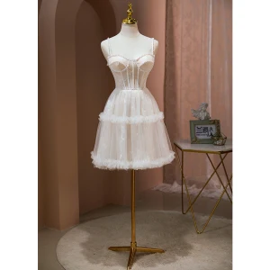 Sexy Nude Pearl Pierced Evening Party Party Dresses 2022 A Line Princess Spaghetti Straps Sleeveless Backless Short Party Dresses