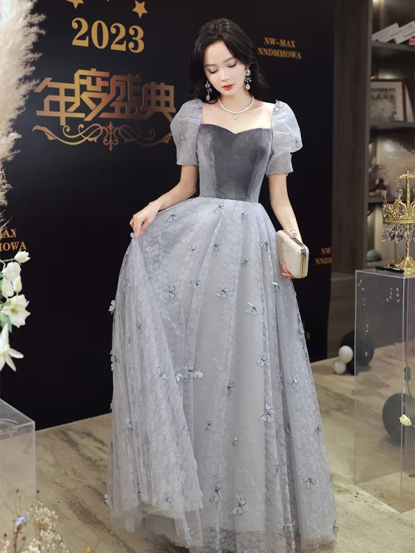 Chic / Beautiful Grey Butterfly Appliques Evening Dresses 2023 A-Line / Princess Square Neckline Short Sleeve Backless Floor-Length / Long Evening Party Formal Dresses