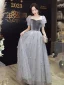 Chic / Beautiful Grey Butterfly Appliques Evening Dresses 2023 A-Line / Princess Square Neckline Short Sleeve Backless Floor-Length / Long Evening Party Formal Dresses