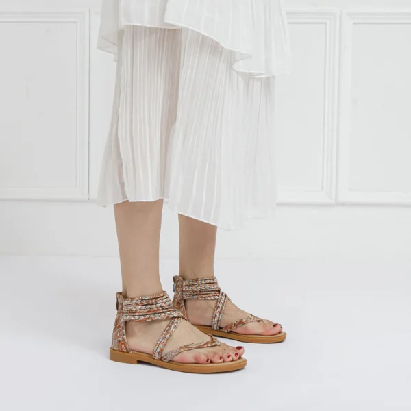 Bohême Ethnique Marron Plage Plate Sandales Femme 2022 Bride Cheville Peep Toes / Bout Ouvert Sandales