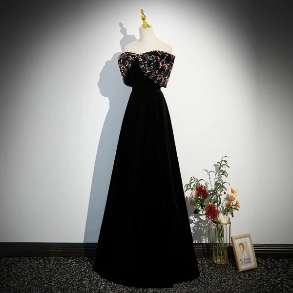 Elegante Schwarz Samt Pailletten Abendkleider 2023 A Linie Bandeau Ärmellos Rückenfreies Lange Abend Festliche Kleider