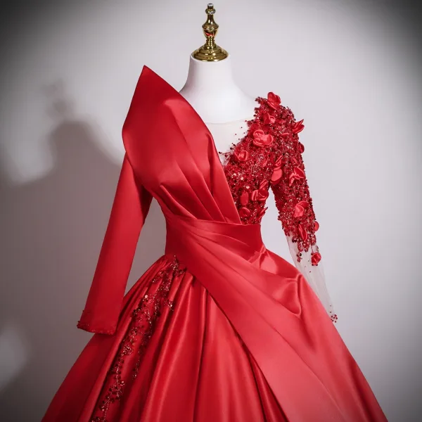 Elegant Red Appliques Beading Sequins Prom Dresses 2025 Ball Gown Scoop Neck Long Sleeve Backless Floor-Length / Long Formal Dresses
