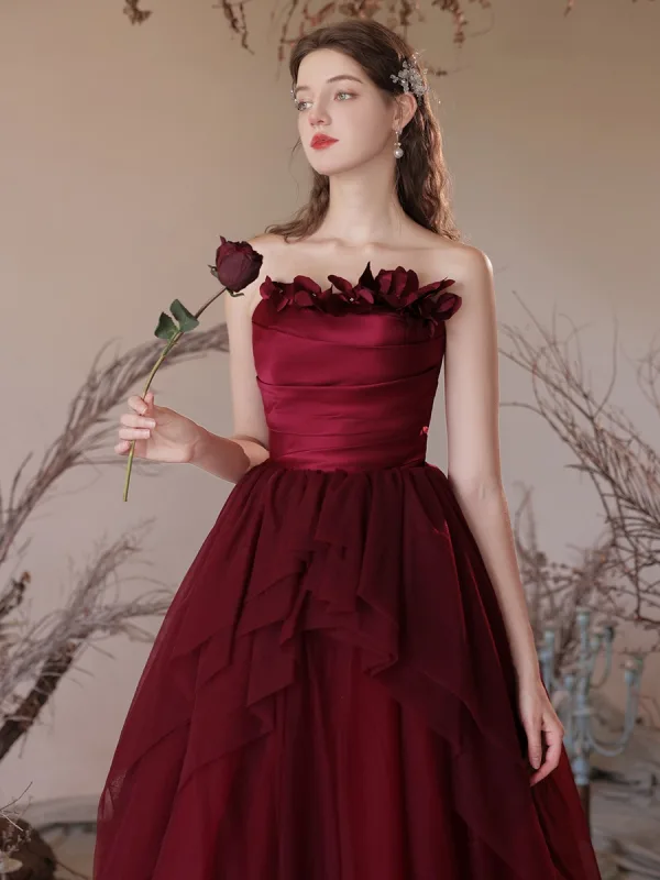 Chic / Beautiful Burgundy Appliques Prom Dresses 2024 A-Line / Princess Strapless Sleeveless Backless Floor-Length / Long Prom Formal Dresses