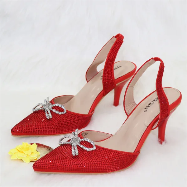 Sparkly Red Rhinestone Bow Evening Party Womens Sandals Clutch Bags 2023 8 cm Stiletto Heels Pointed Toe Sandals High Heels Clutch Bags