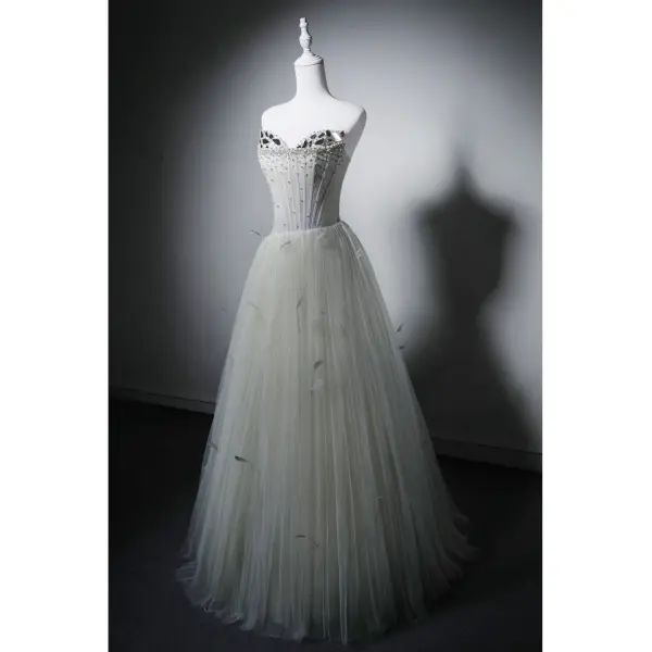 Charmant Vert Cendré Perlage Paillettes Robe De Soirée 2026 Princesse Bustier Sans Manches Dos Nu Longue Robe De Ceremonie