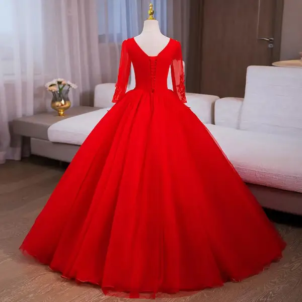 Vintage / Retro Red Sequins Lace Flower Appliques Prom Dresses 2024 Ball Gown V-Neck Long Sleeve Backless Floor-Length / Long Prom Formal Dresses