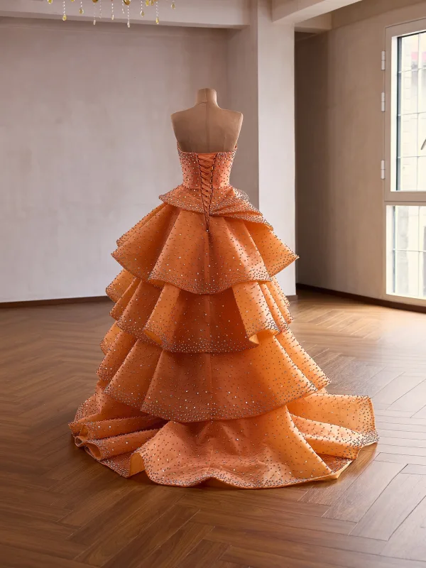 Mode Orange Fallende Rüsche Perle Pailletten Strass Ballkleider 2026 Ballkleid Bandeau Ärmellos Rückenfreies Sweep / Pinsel Zug Festliche Kleider