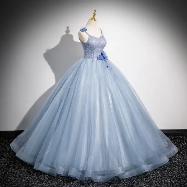 Elegant Sky Blue Pearl Appliques Prom Dresses 2024 Ball Gown Spaghetti Straps Sleeveless Backless Floor-Length / Long Prom Formal Dresses