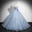 Elegant Sky Blue Pearl Appliques Prom Dresses 2024 Ball Gown Spaghetti Straps Sleeveless Backless Floor-Length / Long Prom Formal Dresses