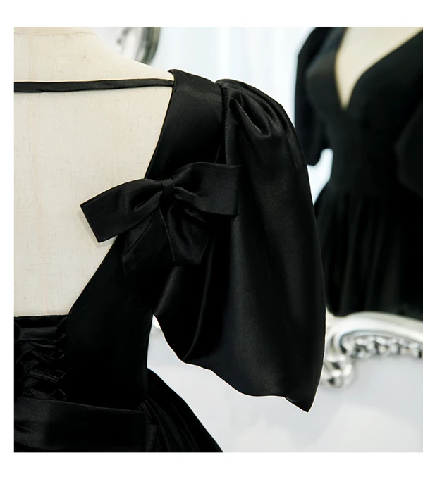 Vintage / Retro Black Prom Dresses 2021 A-Line / Princess V-Neck Crossed Straps Floor-Length / Long Ruffle Satin 1/2 Sleeves Formal Dresses