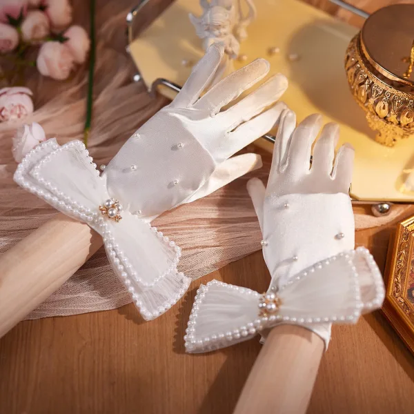 Vintage / Retro Ivory Pearl Bow Satin Bridal Gloves 2026 Wedding