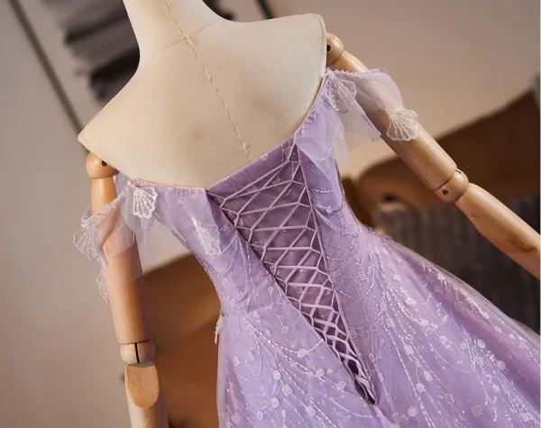Chic / Beautiful Lavender Beading Sequins Prom Dresses 2025 A-Line / Princess Off-The-Shoulder Sleeveless Backless Floor-Length / Long Formal Dresses