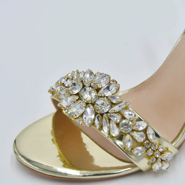 Charmant Glitzernden Gold Strass Pailletten Brautschuhe 2022 Knöchelriemen 10 cm Thick Heels Peeptoes Hochzeit Sandaletten Hochhackige