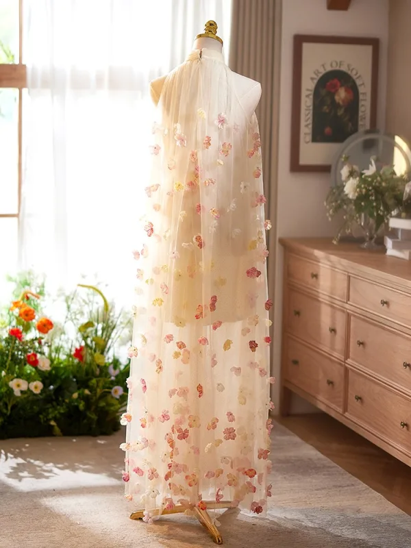 Flower Fairy Blushing Pink Appliques Prom Dresses 2025 A-Line / Princess High Neck Sleeveless Floor-Length / Long Tulle Formal Dresses