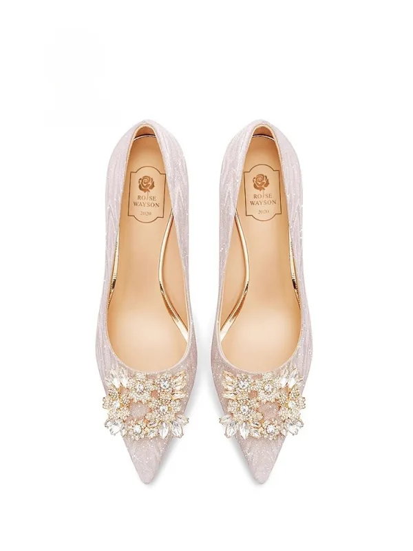 Sparkly Gold Rhinestone Sequins Leather Wedding Shoes 2026 5 cm Stiletto Heels Pointed Toe Wedding Pumps High Heels