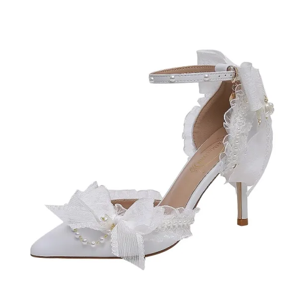 Fashion Sage Green Pearl Bow Prom Womens Sandals 2024 Ankle Strap 9 cm Stiletto Heels Pointed Toe Womens Shoes High Heels