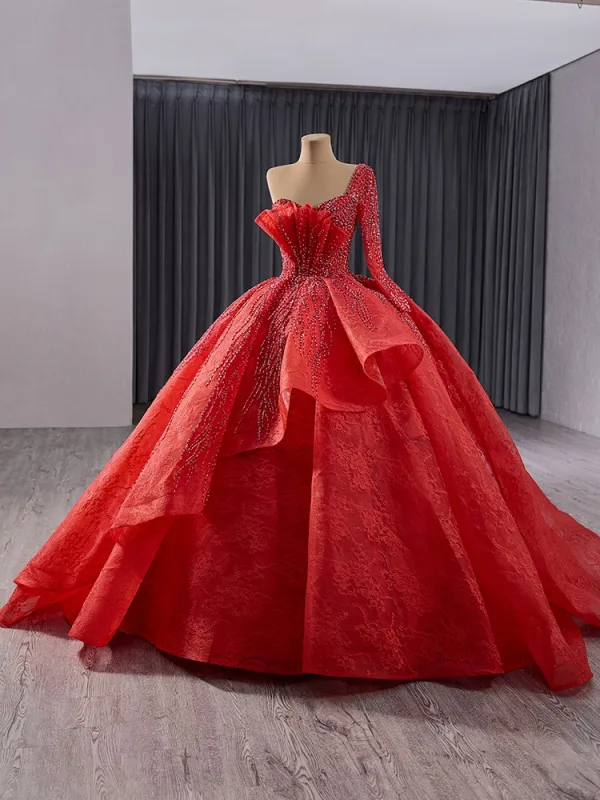 Luxe Rouge Fait main Perlage Robe De Bal 2024 Robe Boule Une épaule Manches Longues Dos Nu Train De Balayage Promo Robe De Ceremonie
