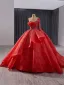 Luxe Rouge Fait main Perlage Robe De Bal 2024 Robe Boule Une épaule Manches Longues Dos Nu Train De Balayage Promo Robe De Ceremonie