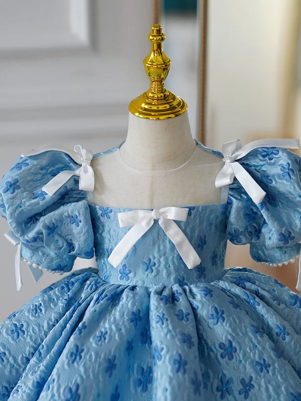 Chic / Beautiful Pool Blue Printing Birthday Short Flower Girl Dresses 2023 Ball Gown Scoop Neck Puffy Short Sleeve Bow