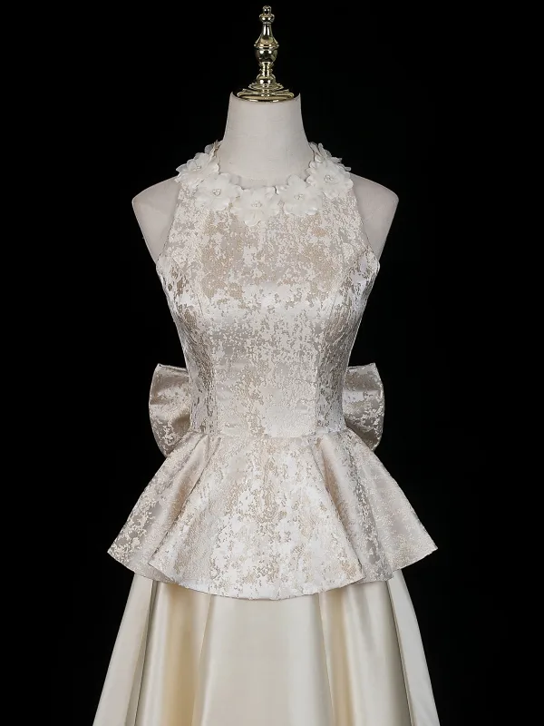 Élégant Champagne Appliques Noeud Robe De Soirée 2026 Princesse Col Haut Sans Manches Longue Soirée Robe De Ceremonie