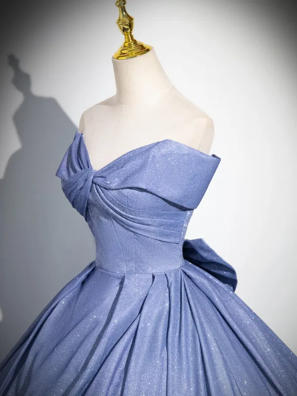 Chic / Beautiful Glitter Sky Blue Prom Dresses 2024 Ball Gown Strapless Sleeveless Backless Bow Floor-Length / Long Prom Formal Dresses