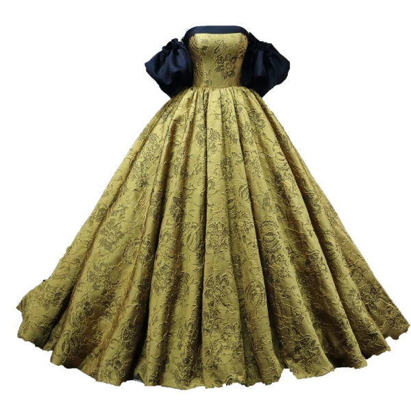 Vintage / Retro Gold Printing Prom Dresses 2022 Ball Gown Satin Strapless Puffy Short Sleeve Backless Floor-Length / Long Formal Dresses