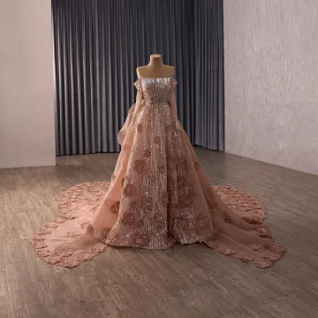 Luxe Scintillantes Rougissant Rose Fait Main Perlage Appliques Paillettes Robe De Soirée 2026 Princesse De L Épaule Manches Longues Dos Nu Train De Balayage Soirée