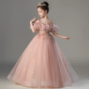 Chic Belle Rougissant Rose Perlage Paillettes Promo Robe Ceremonie Fille 2022 Princesse Encolure Dégagée Manches Courtes Longue Robe Ceremonie Fille