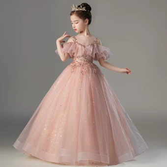 Chic Belle Rougissant Rose Perlage Paillettes Promo Robe Ceremonie Fille 2022 Princesse Encolure Dégagée Manches Courtes Longue Robe Ceremonie Fille