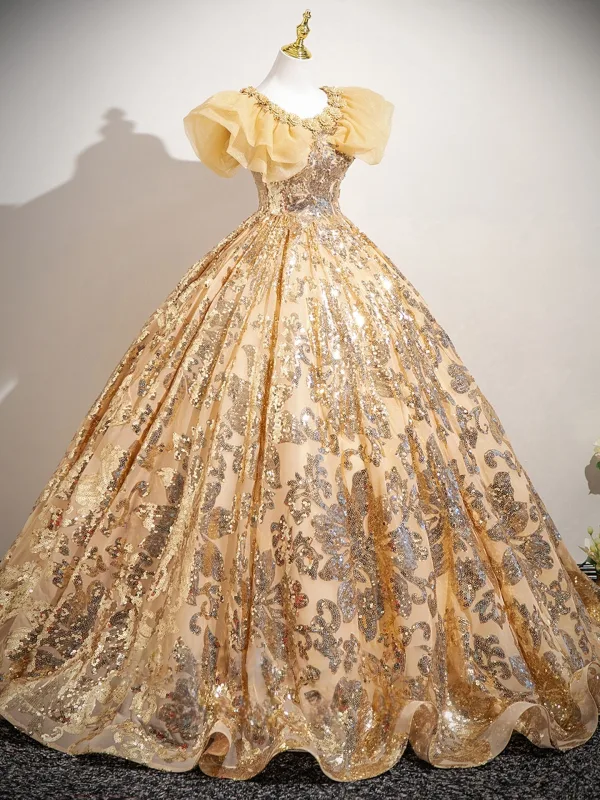 Scintillantes Champagne Perlage Paillettes En Dentelle Fleur Robe De Bal 2025 Robe Boule Encolure Dégagée Sans Manches Dos Nu Longue Promo Robe De Ceremonie