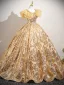 Scintillantes Champagne Perlage Paillettes En Dentelle Fleur Robe De Bal 2025 Robe Boule Encolure Dégagée Sans Manches Dos Nu Longue Promo Robe De Ceremonie
