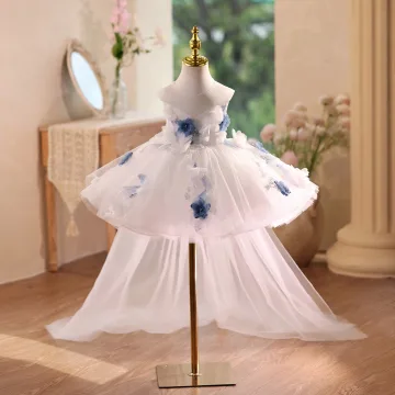 Mode Blanche Perle Appliques Paillettes Courte Anniversaire Train De Balayage Robe Ceremonie Fille 2025 Robe Boule Encolure Dégagée Sans Manches