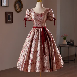 Vintage Burgunder Printing Homecoming Korte Graduation Kjoler 2024 Prinsesse V Hals Sløyfe Sash Korte Ermer Ryggløse Formelle Kjoler