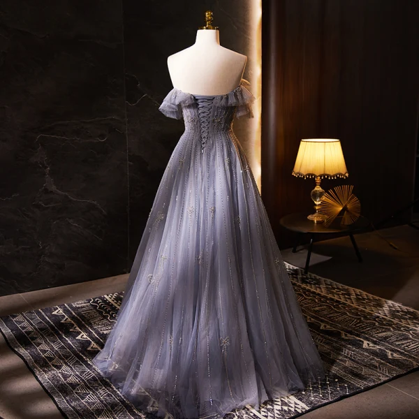 High-end Charming Lavender Beading Rhinestone Prom Dresses 2023 A-Line / Princess Off-The-Shoulder Sleeveless Backless Floor-Length / Long Formal Dresses