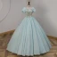 Elegant Mint Green Beading Sequins Prom Dresses 2023 Ball Gown Square Neckline Short Sleeve Backless Floor-Length / Long Prom Formal Dresses