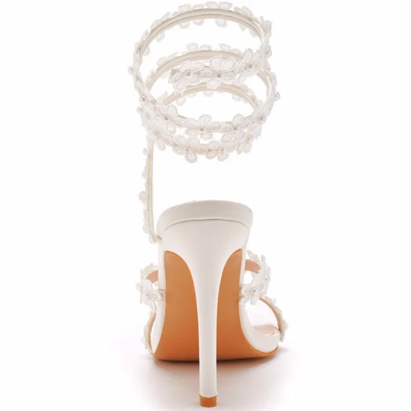 Sexy White Pearl Lace Flower Ankle Strap Summer Evening Party Womens Sandals 2023 10 cm Stiletto Heels Open / Peep Toe Sandals High Heels