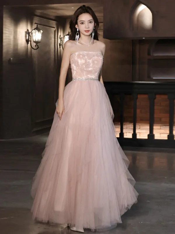 Charming Blushing Pink Beading Pearl Ruffle Prom Dresses 2023 A-Line / Princess Strapless Sleeveless Backless Floor-Length / Long Prom Formal Dresses