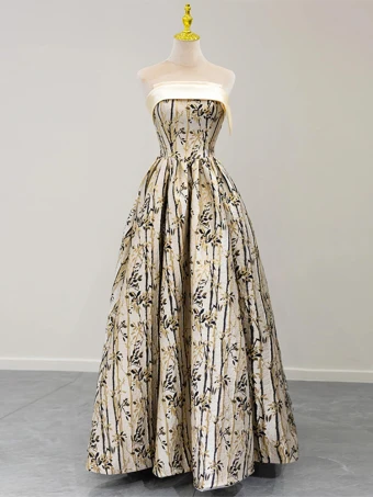 Style Chinois Champagne Impression Robe De Bal 2024 Princesse Bustier Sans Manches Dos Nu Longue Promo Robe De Ceremonie