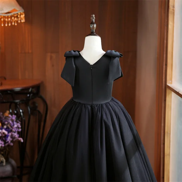 Chic / Beautiful Black Birthday Flower Girl Dresses 2024 Ball Gown V-Neck Sleeveless Backless Floor-Length / Long