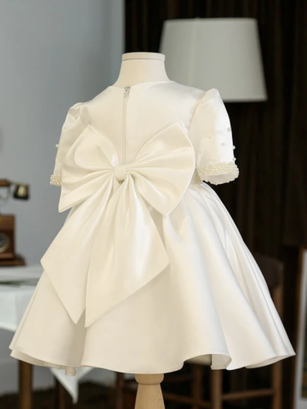 Chic / Beautiful White Pearl Bow Birthday Short Flower Girl Dresses 2023 A-Line / Princess Scoop Neck Short Sleeve